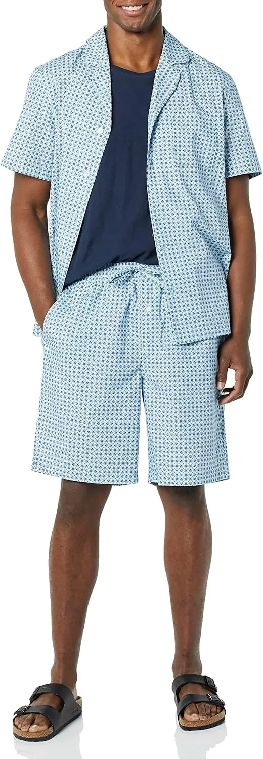 Amazon Essentials Men's Lightweight Woven Short Pajama Set with Notch Collar and Button Loungewear