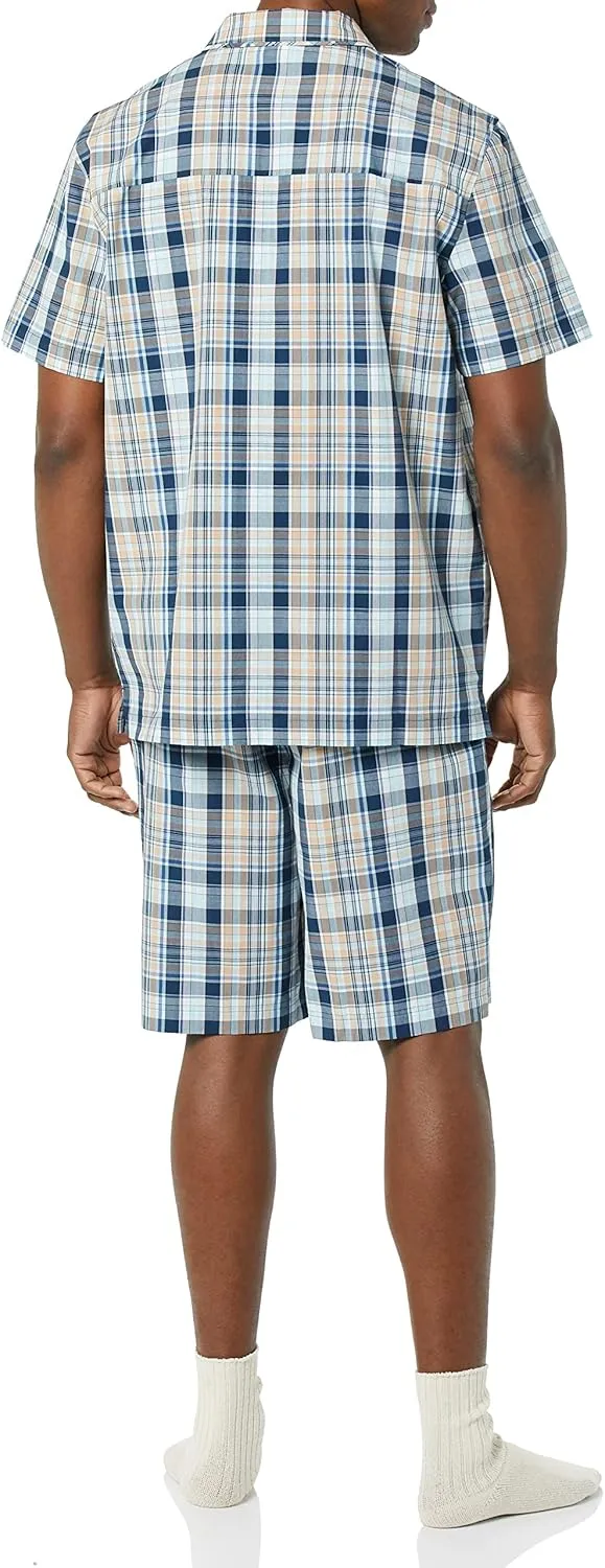 Amazon Essentials Men's Lightweight Woven Short Pajama Set with Notch Collar and Button Loungewear