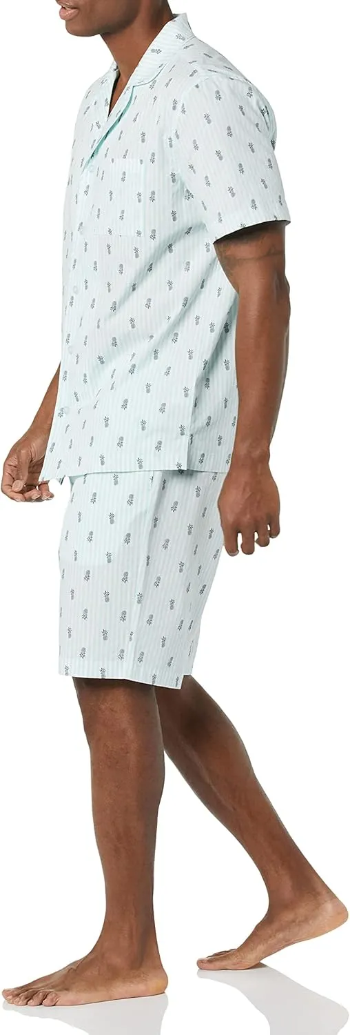 Amazon Essentials Men's Lightweight Woven Short Pajama Set with Notch Collar and Button Loungewear