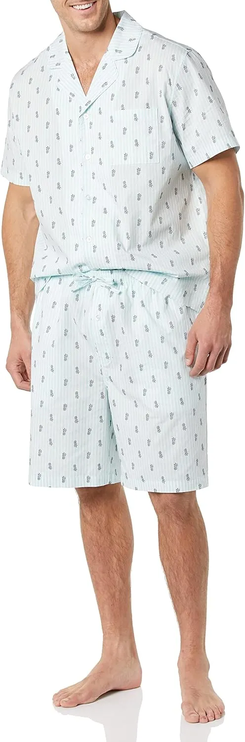 Amazon Essentials Men's Lightweight Woven Short Pajama Set with Notch Collar and Button Loungewear