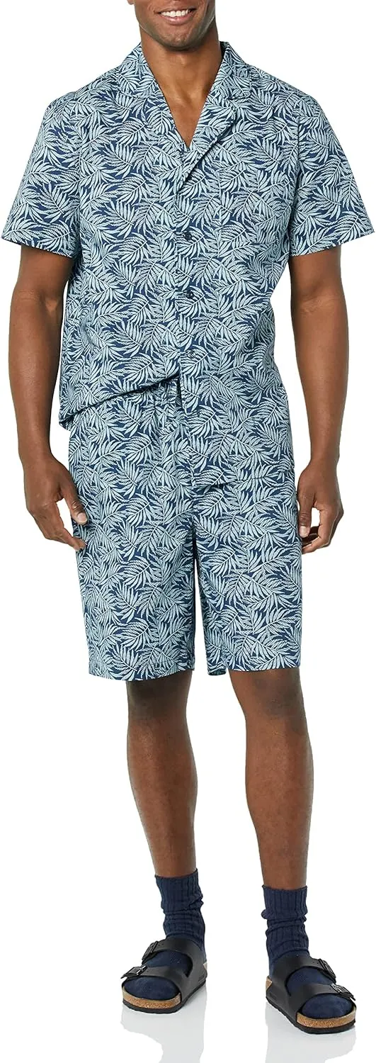 Amazon Essentials Men's Lightweight Woven Short Pajama Set with Notch Collar and Button Loungewear