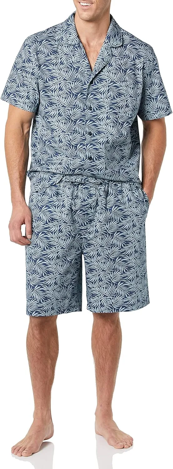Amazon Essentials Men's Lightweight Woven Short Pajama Set with Notch Collar and Button Loungewear