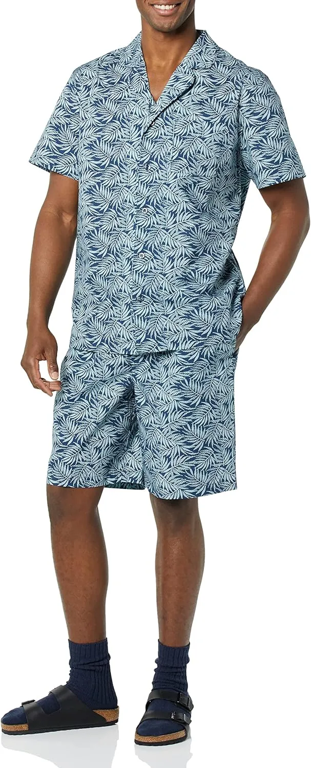 Amazon Essentials Men's Lightweight Woven Short Pajama Set with Notch Collar and Button Loungewear