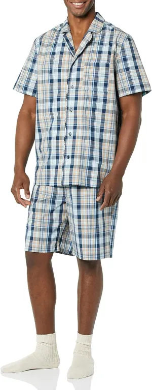 Amazon Essentials Men's Lightweight Woven Short Pajama Set with Notch Collar and Button Loungewear
