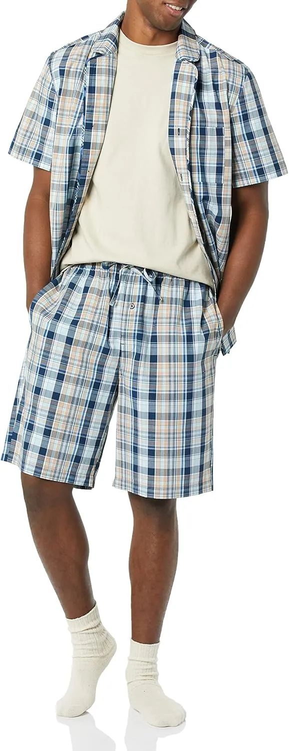 Amazon Essentials Men's Lightweight Woven Short Pajama Set with Notch Collar and Button Loungewear