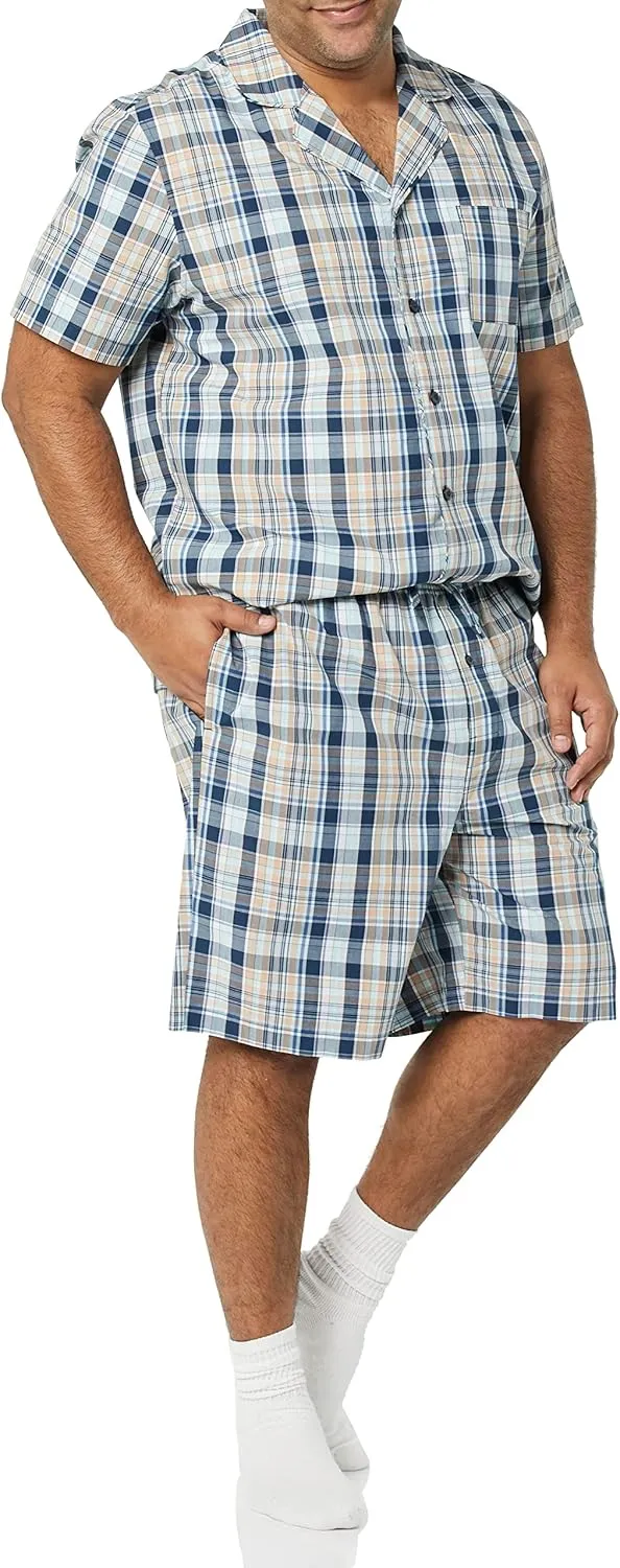 Amazon Essentials Men's Lightweight Woven Short Pajama Set with Notch Collar and Button Loungewear