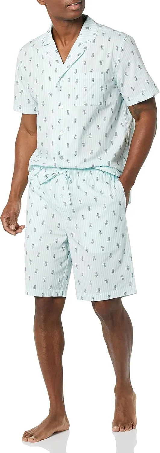 Amazon Essentials Men's Lightweight Woven Short Pajama Set with Notch Collar and Button Loungewear