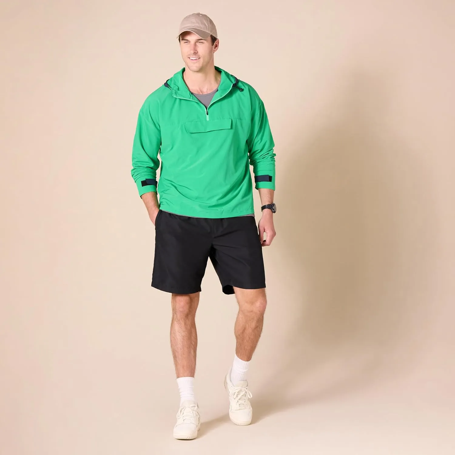 Amazon Essentials Men's Stretch Woven Quarter Zip Hooded Colorblock Jacket