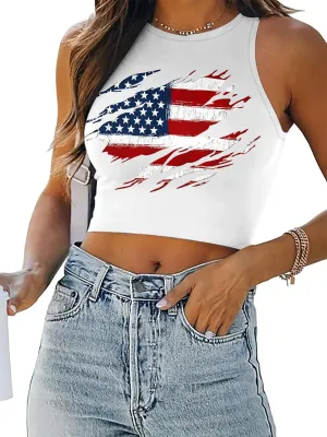 American Flag Crop Tank Tops Women: Patriotic Shirts USA Flag T-Shirt 4th of July Sleeveless Tee Tops