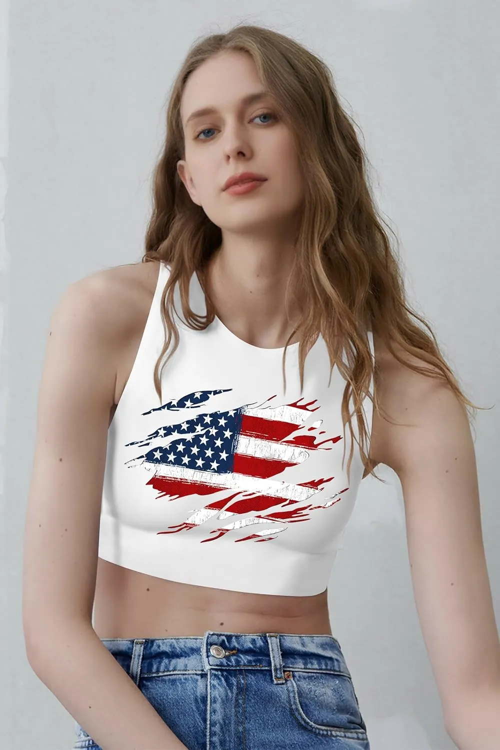 American Flag Crop Tank Tops Women: Patriotic Shirts USA Flag T-Shirt 4th of July Sleeveless Tee Tops