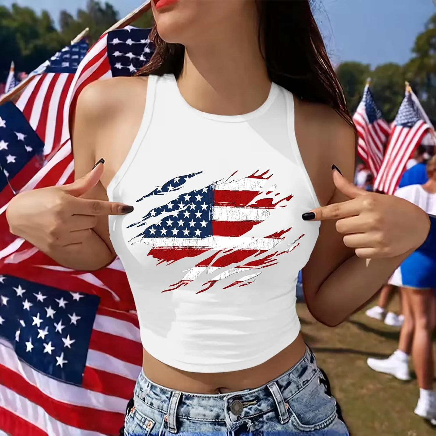 American Flag Crop Tank Tops Women: Patriotic Shirts USA Flag T-Shirt 4th of July Sleeveless Tee Tops