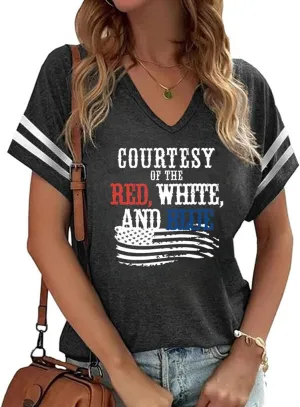 American Flag Shirts Women 4th of July V-Neck Short Sleeve Patriotic T-Shirt Memorial Day Graphic Tee Independence Day Tops