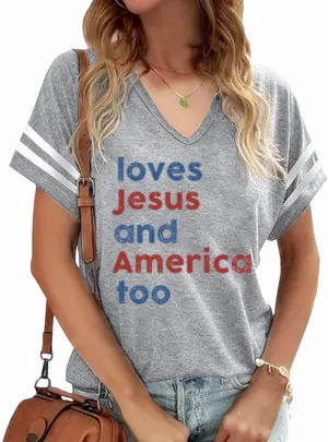 American Flag Shirts Women 4th of July V-Neck Short Sleeve Patriotic T-Shirt Memorial Day Graphic Tee Independence Day Tops