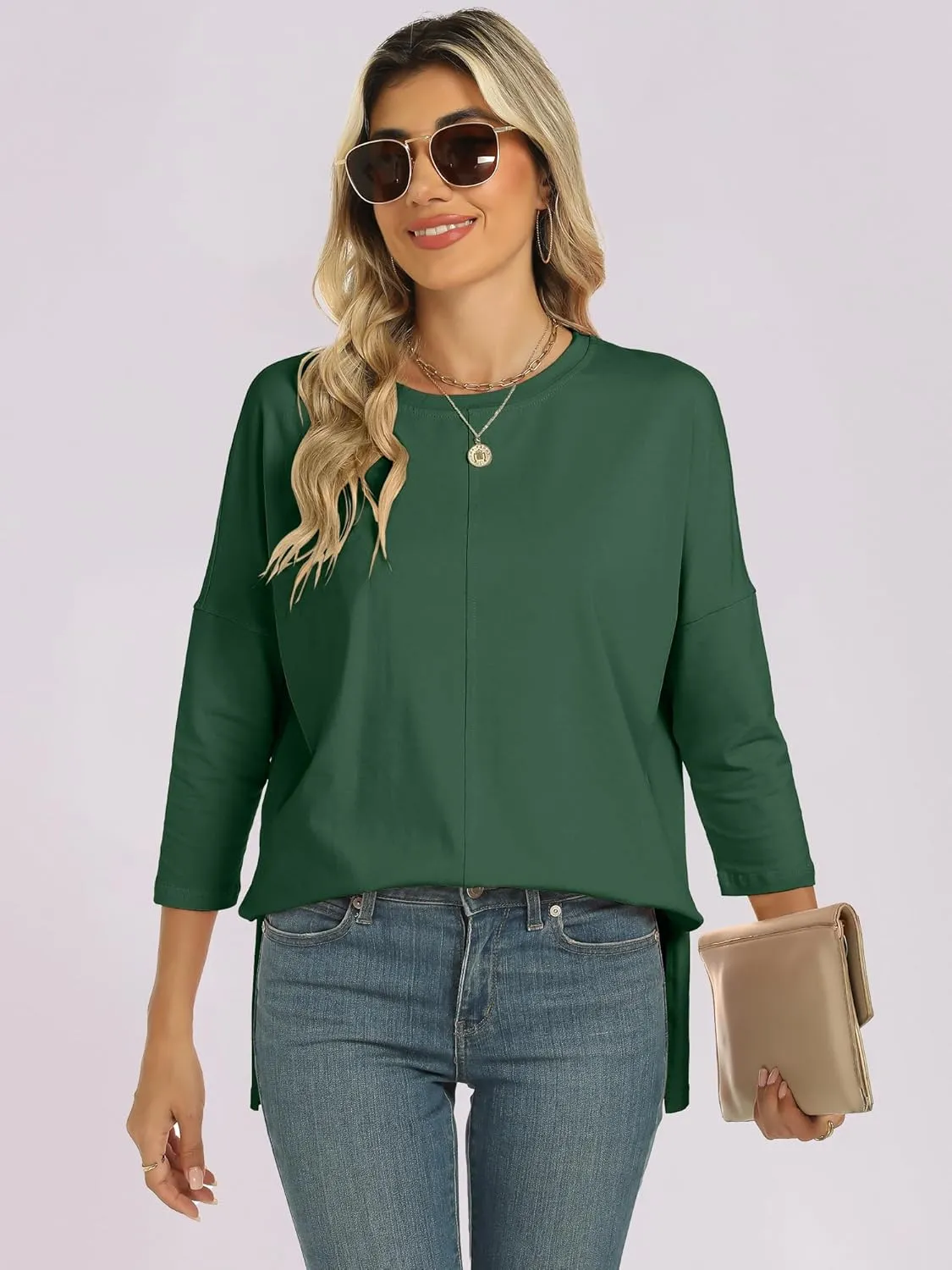 ANRABESS Womens 3/4 Length Sleeve Tops Loose Fit Tunic Shirts Oversized Spring Summer Casual Crew Neck Basic Boxy Tee