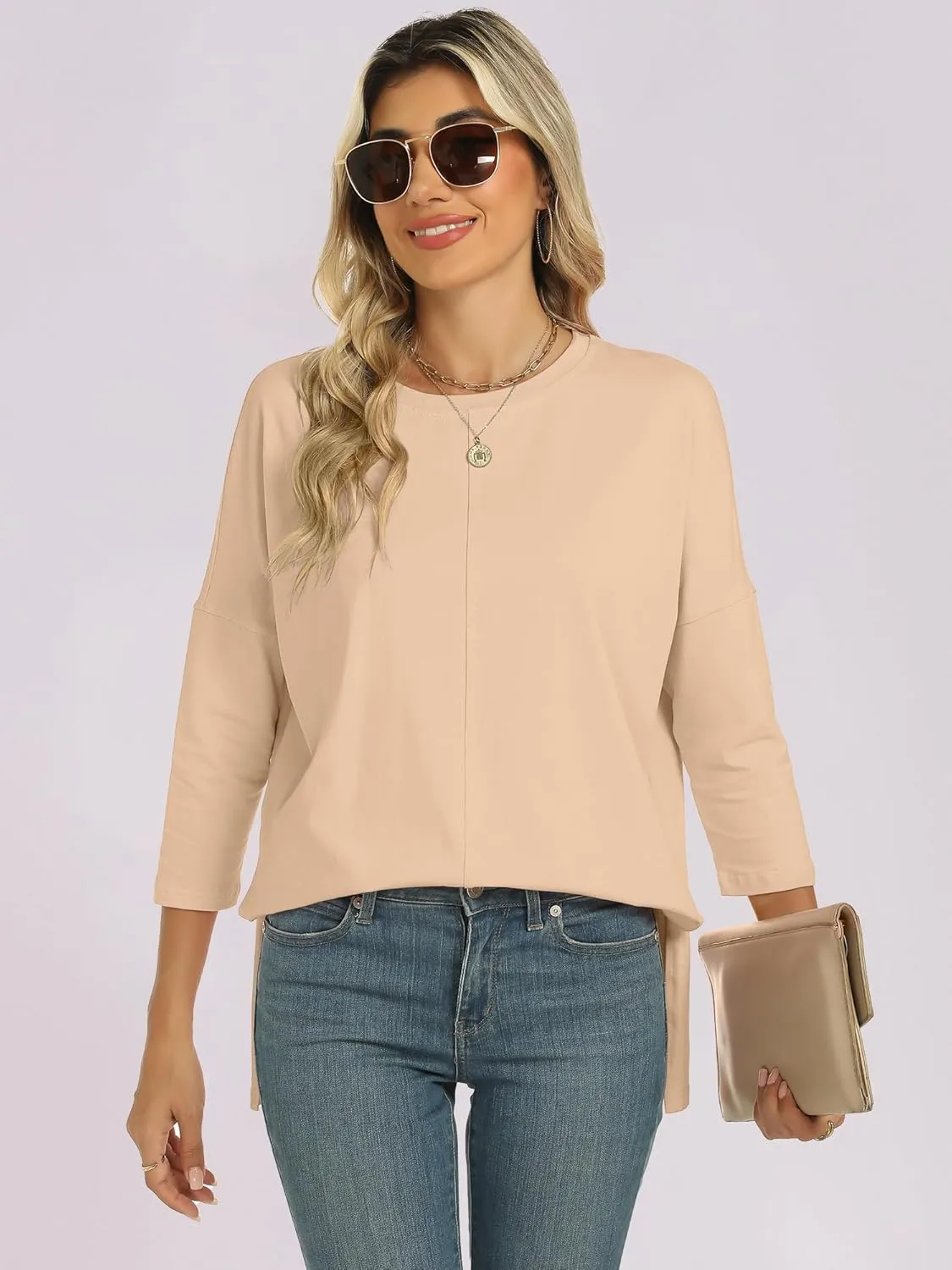 ANRABESS Womens 3/4 Length Sleeve Tops Loose Fit Tunic Shirts Oversized Spring Summer Casual Crew Neck Basic Boxy Tee