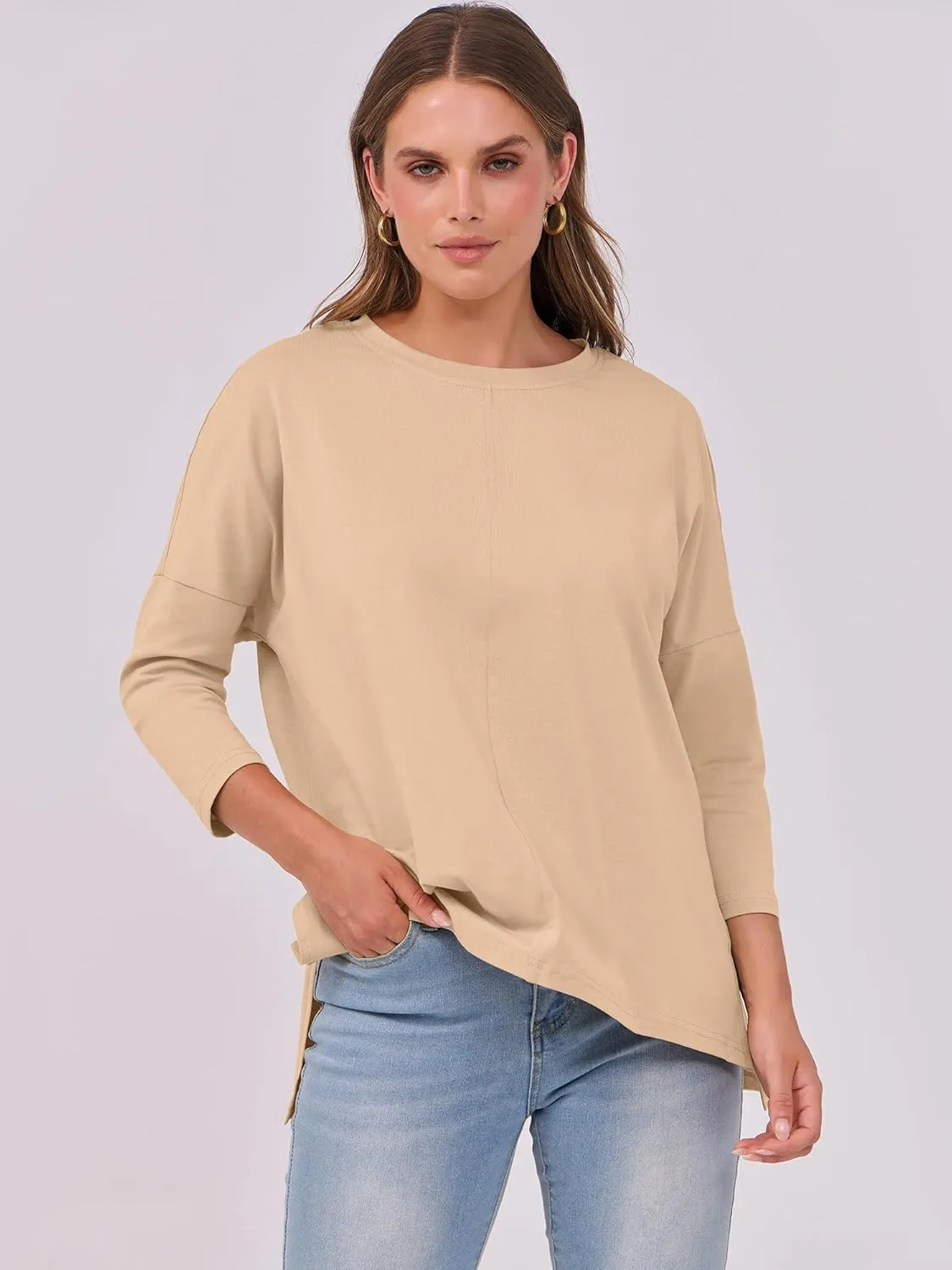 ANRABESS Womens 3/4 Length Sleeve Tops Loose Fit Tunic Shirts Oversized Spring Summer Casual Crew Neck Basic Boxy Tee