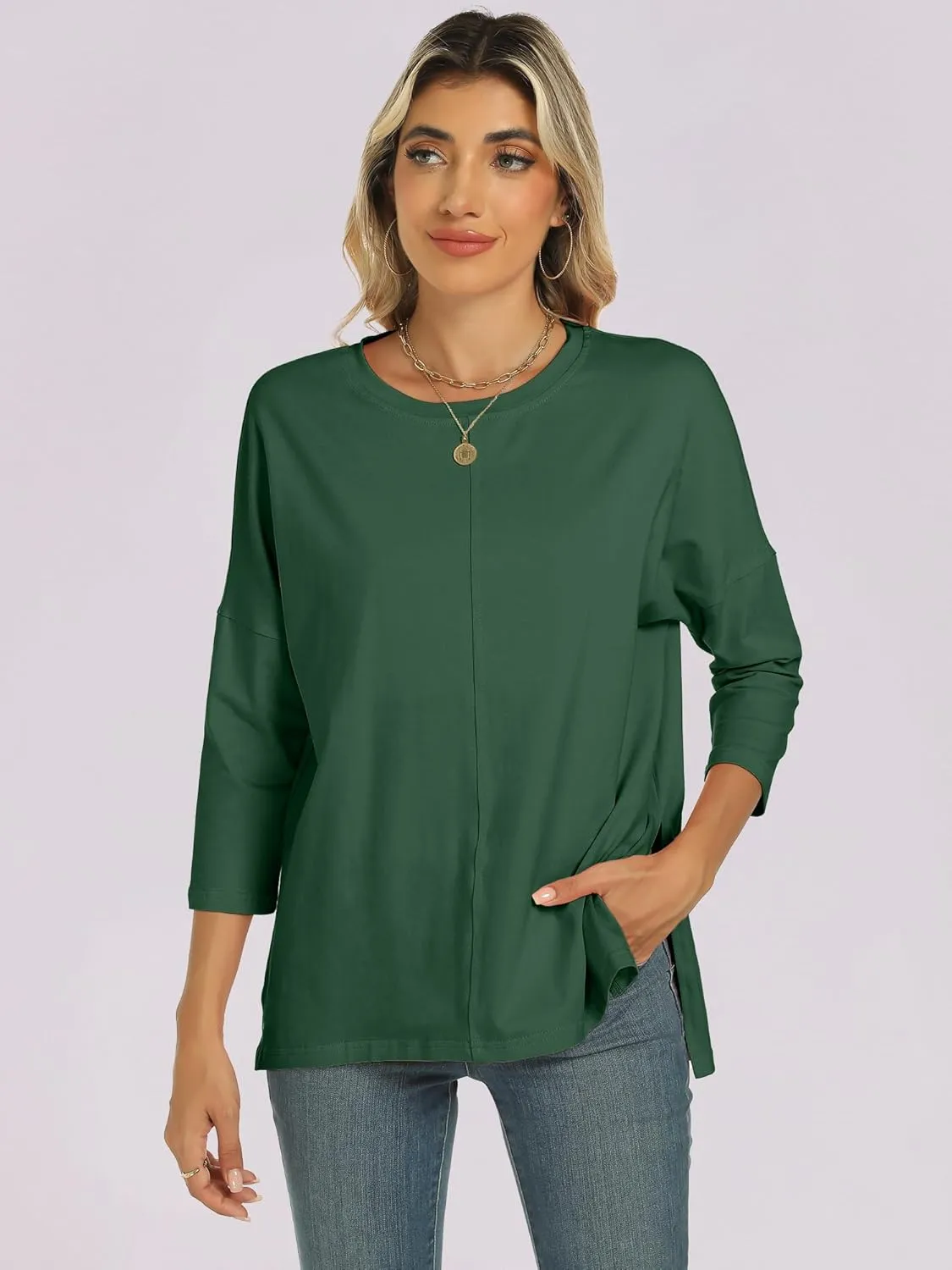 ANRABESS Womens 3/4 Length Sleeve Tops Loose Fit Tunic Shirts Oversized Spring Summer Casual Crew Neck Basic Boxy Tee