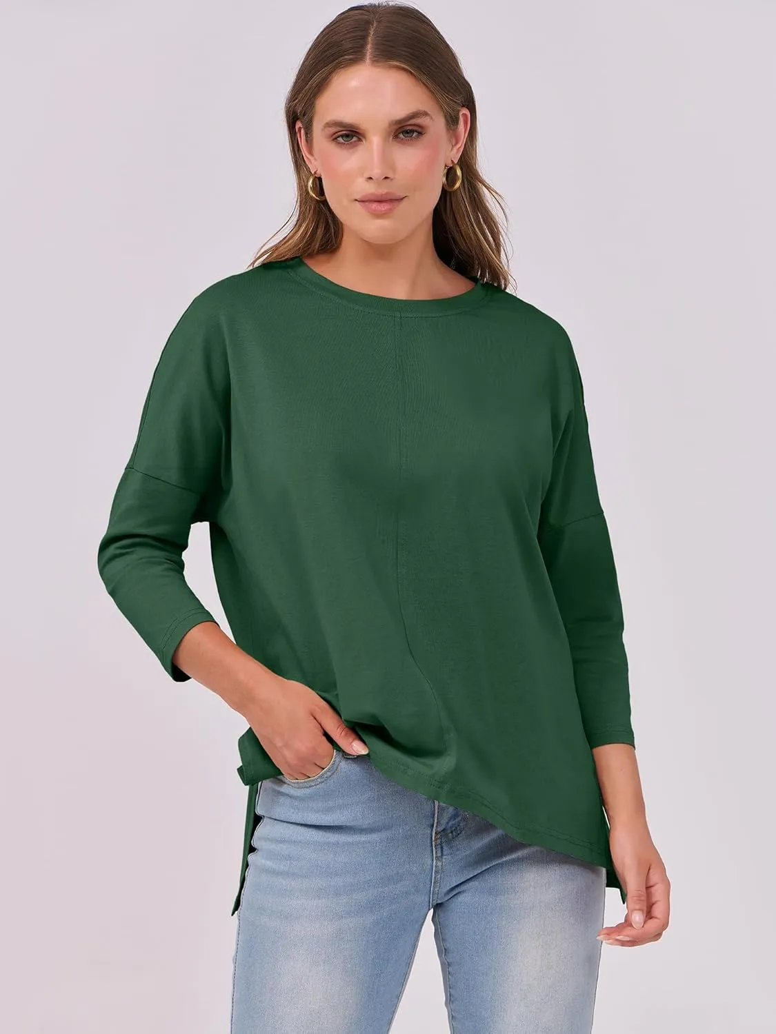 ANRABESS Womens 3/4 Length Sleeve Tops Loose Fit Tunic Shirts Oversized Spring Summer Casual Crew Neck Basic Boxy Tee