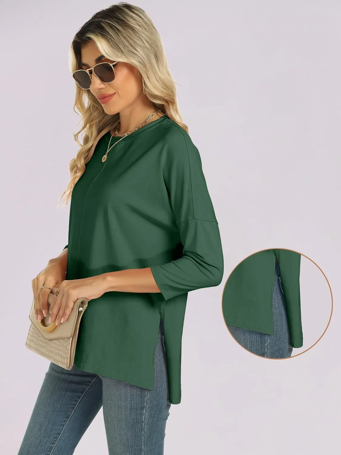 ANRABESS Womens 3/4 Length Sleeve Tops Loose Fit Tunic Shirts Oversized Spring Summer Casual Crew Neck Basic Boxy Tee