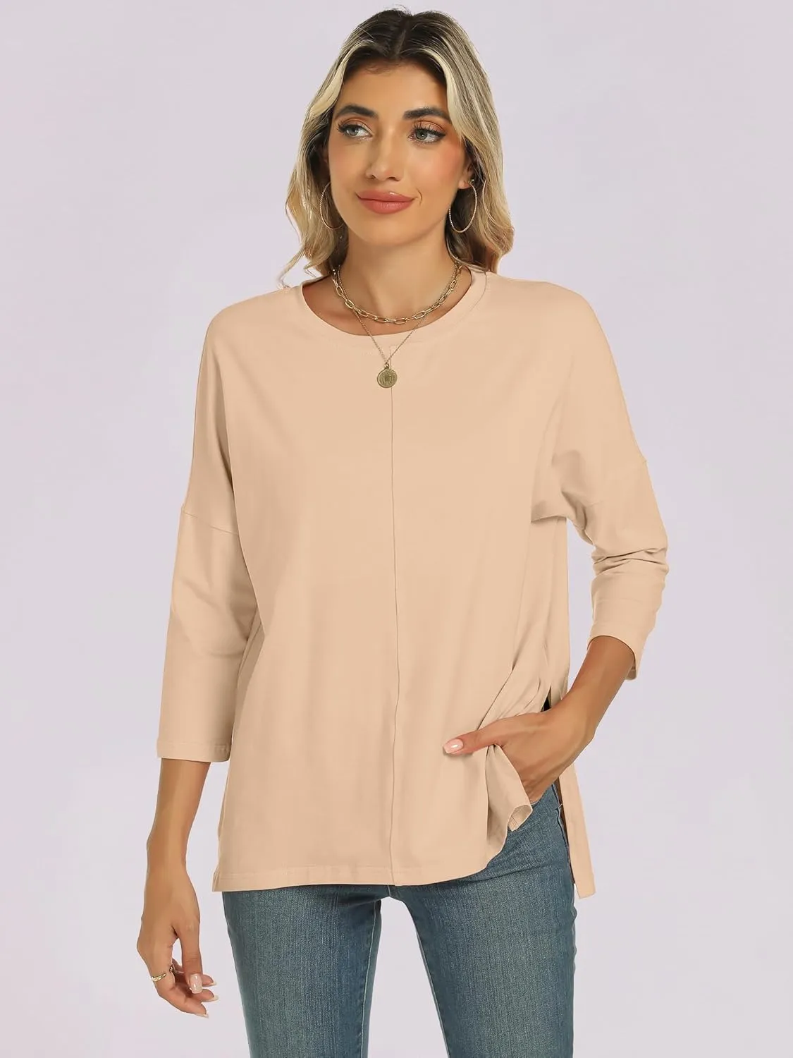 ANRABESS Womens 3/4 Length Sleeve Tops Loose Fit Tunic Shirts Oversized Spring Summer Casual Crew Neck Basic Boxy Tee