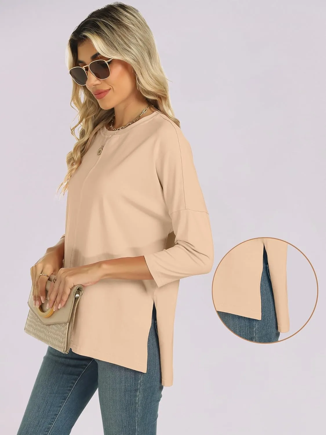 ANRABESS Womens 3/4 Length Sleeve Tops Loose Fit Tunic Shirts Oversized Spring Summer Casual Crew Neck Basic Boxy Tee
