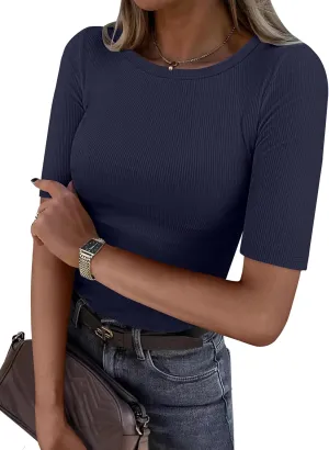 ANRABESS Womens Half Sleeve Crewneck Tops Ribbed Knit Slim Fit Shirts Basic Tee 2025 Spring Summer Dressy Casual T-Shirts