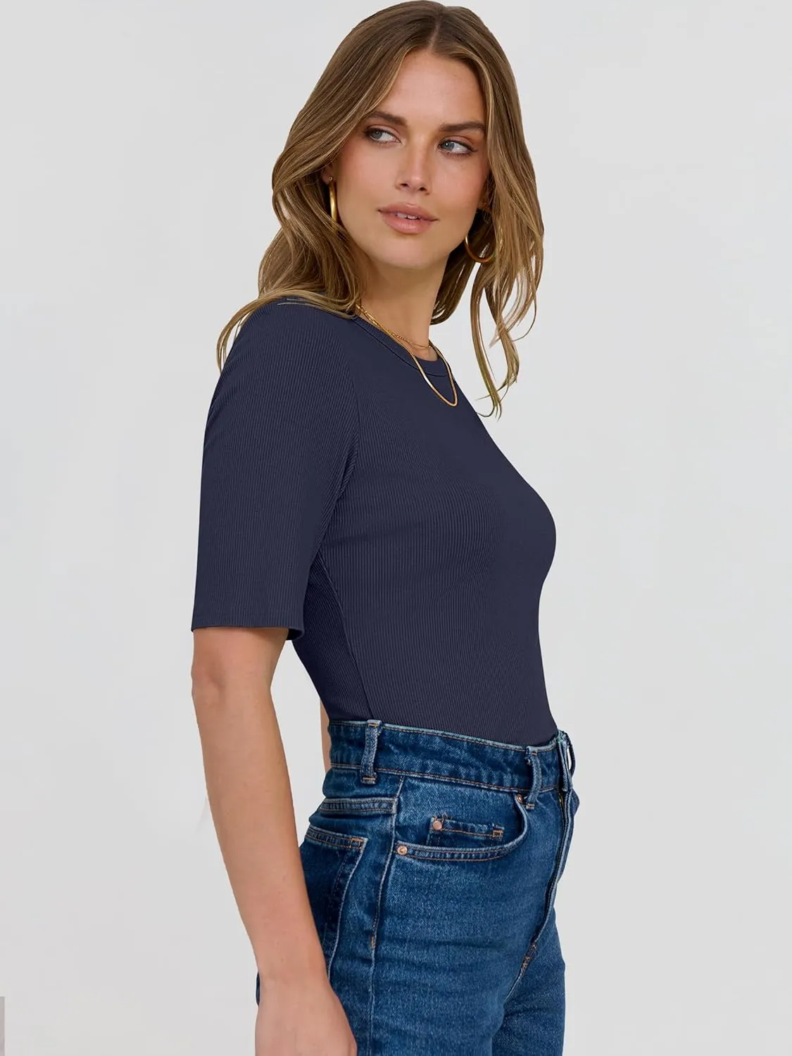 ANRABESS Womens Half Sleeve Crewneck Tops Ribbed Knit Slim Fit Shirts Basic Tee 2025 Spring Summer Dressy Casual T-Shirts