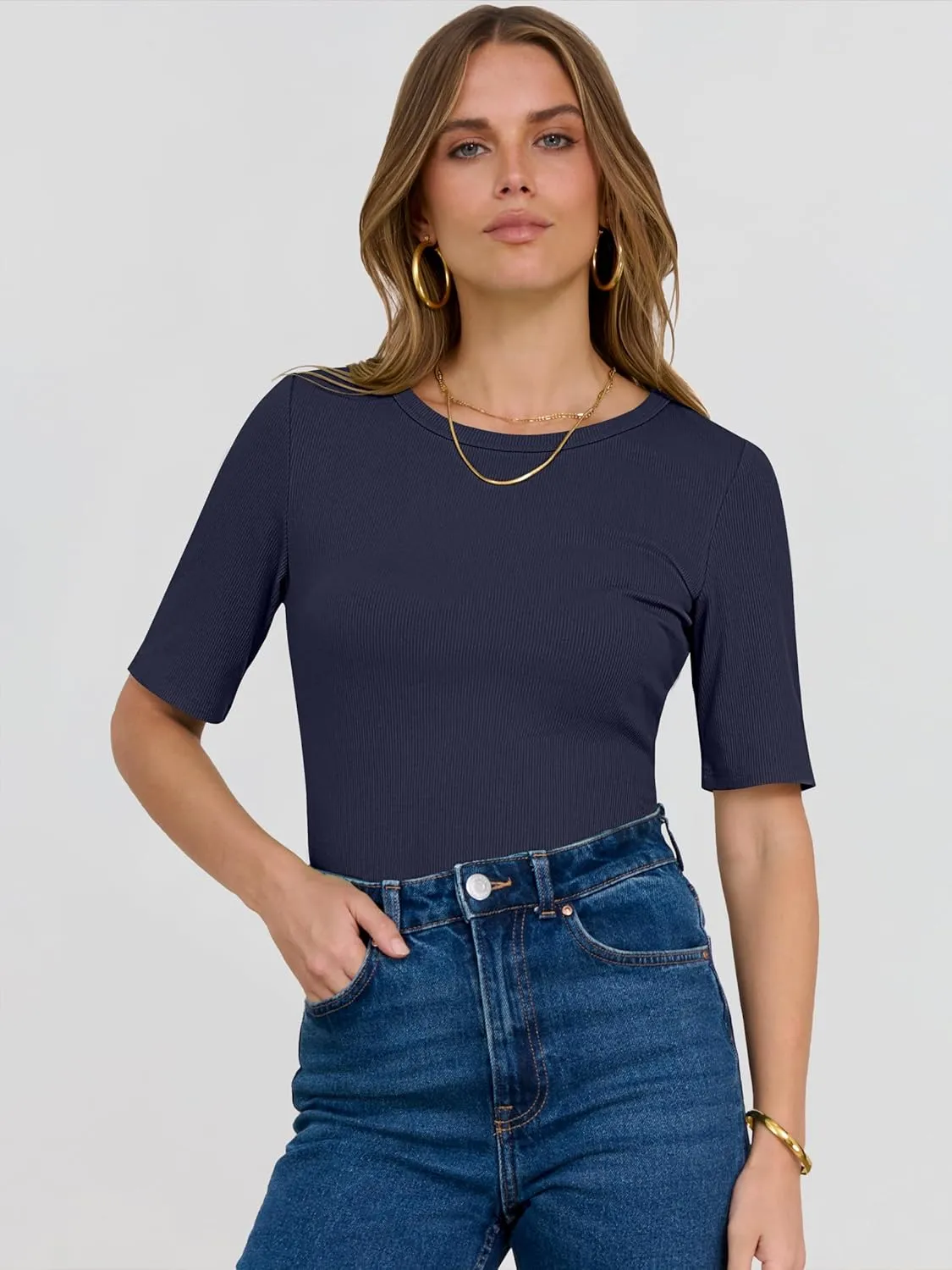 ANRABESS Womens Half Sleeve Crewneck Tops Ribbed Knit Slim Fit Shirts Basic Tee 2025 Spring Summer Dressy Casual T-Shirts