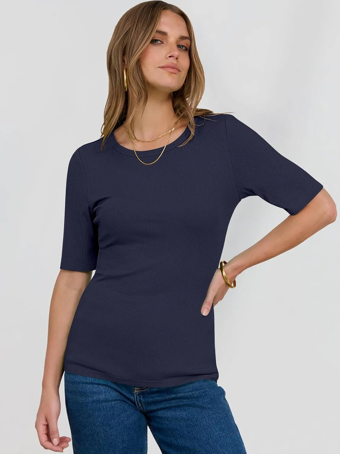 ANRABESS Womens Half Sleeve Crewneck Tops Ribbed Knit Slim Fit Shirts Basic Tee 2025 Spring Summer Dressy Casual T-Shirts