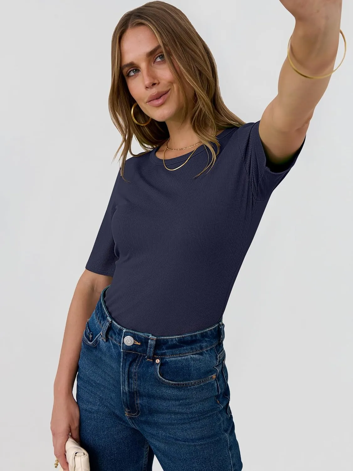 ANRABESS Womens Half Sleeve Crewneck Tops Ribbed Knit Slim Fit Shirts Basic Tee 2025 Spring Summer Dressy Casual T-Shirts