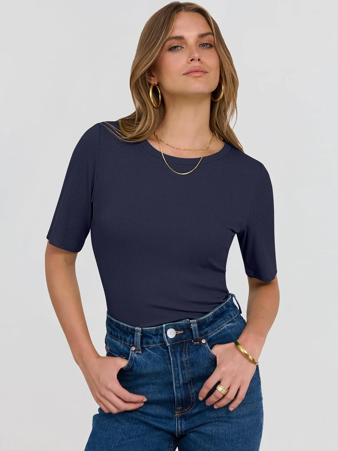 ANRABESS Womens Half Sleeve Crewneck Tops Ribbed Knit Slim Fit Shirts Basic Tee 2025 Spring Summer Dressy Casual T-Shirts