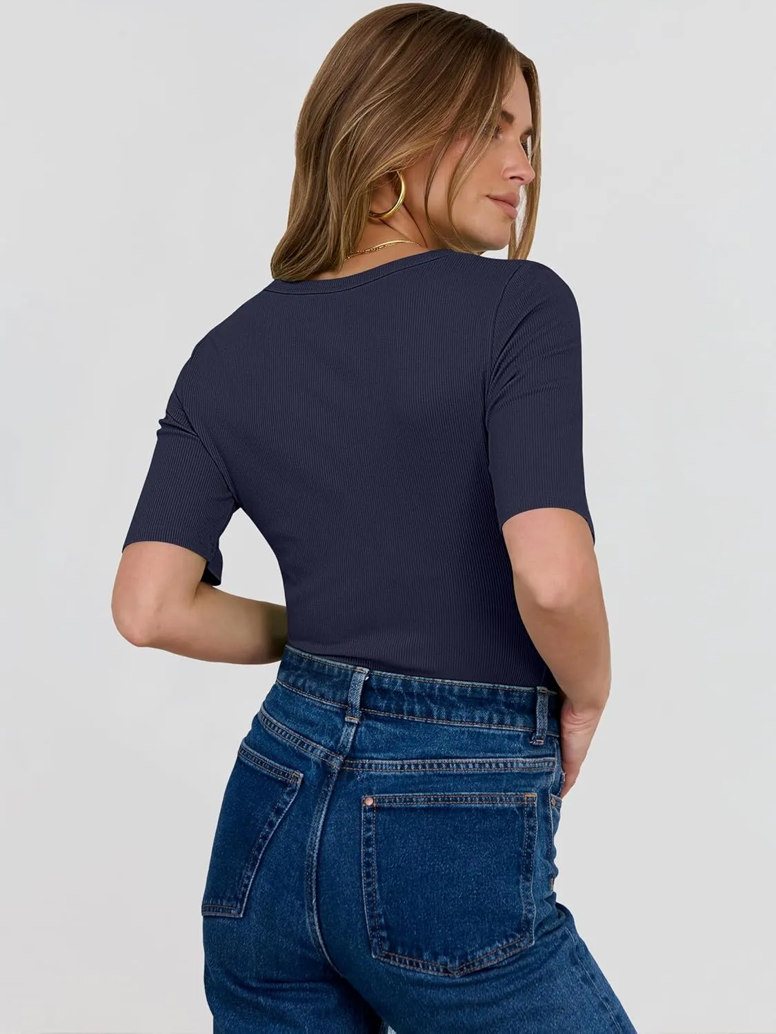 ANRABESS Womens Half Sleeve Crewneck Tops Ribbed Knit Slim Fit Shirts Basic Tee 2025 Spring Summer Dressy Casual T-Shirts