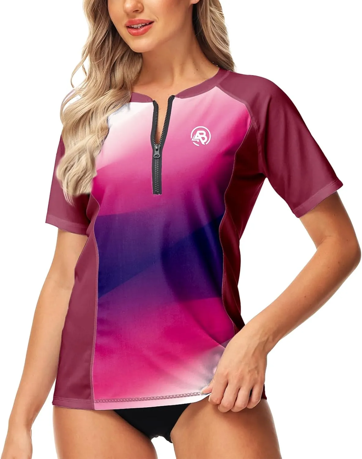 AOBUTE Women Zip Rash Guard UPF 50  Gradient Short Sleeve Swim Top Surf Shirts