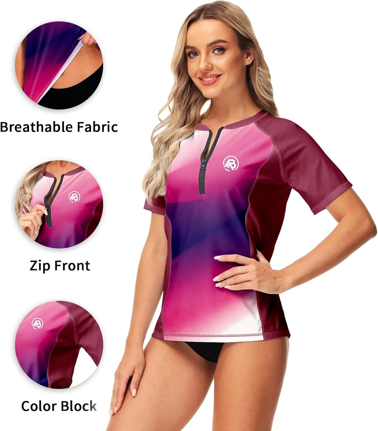 AOBUTE Women Zip Rash Guard UPF 50  Gradient Short Sleeve Swim Top Surf Shirts