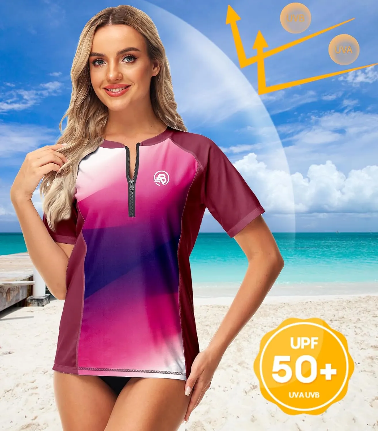 AOBUTE Women Zip Rash Guard UPF 50  Gradient Short Sleeve Swim Top Surf Shirts