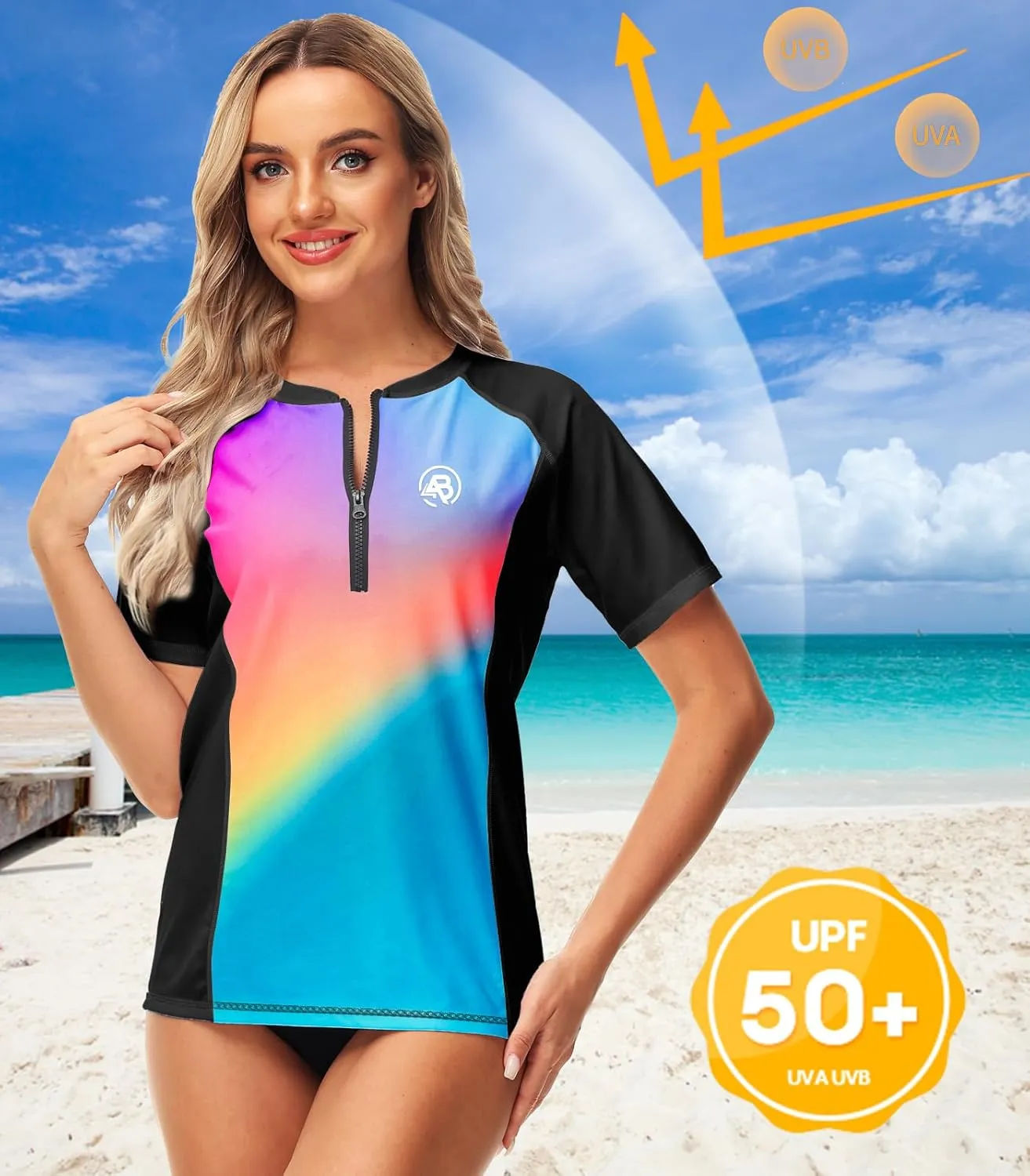 AOBUTE Women Zip Rash Guard UPF 50  Gradient Short Sleeve Swim Top Surf Shirts