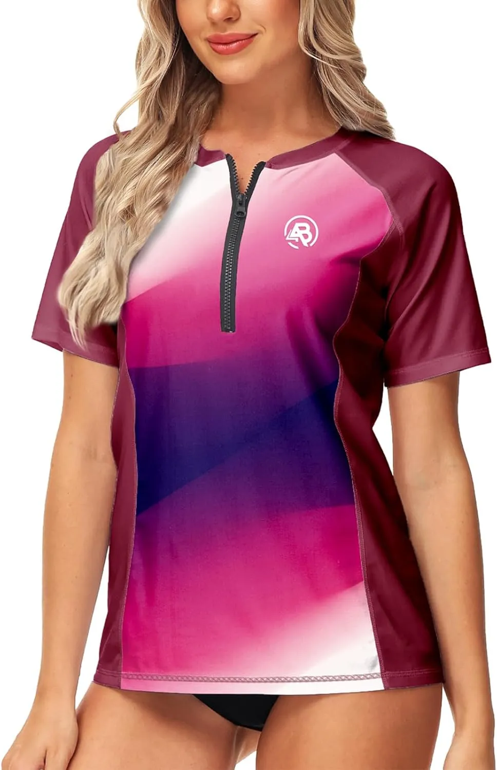 AOBUTE Women Zip Rash Guard UPF 50  Gradient Short Sleeve Swim Top Surf Shirts