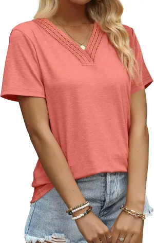 Aokosor Womens Summer Tops 2025 Trendy Crochet V Neck Tee Shirts Short Sleeve Casual