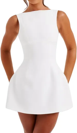 Aopwsrlyi Women's Square Neck Cap Sleeve Mini Dress Sleeveless Back Zipper A Line Party Club Dresses