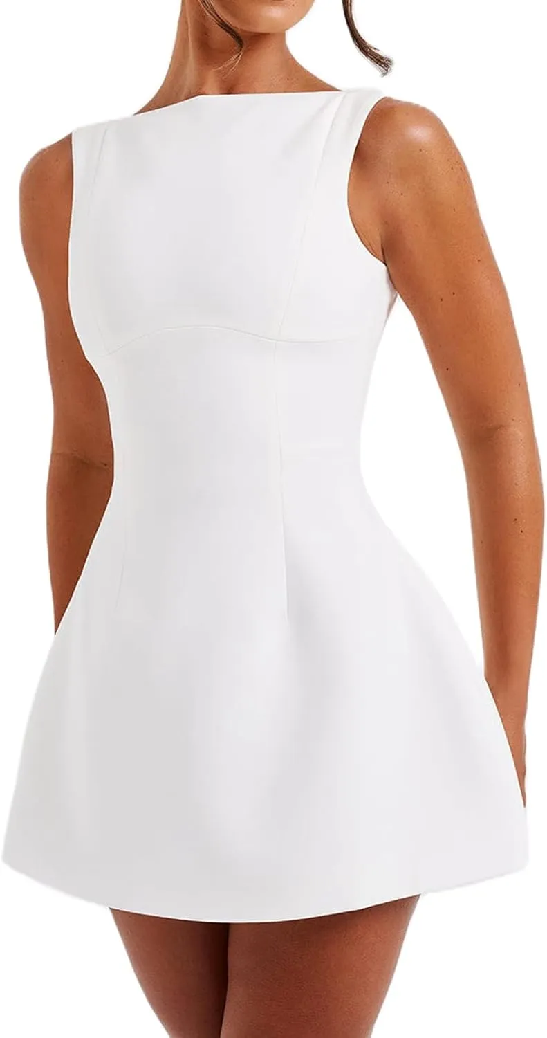 Aopwsrlyi Women's Square Neck Cap Sleeve Mini Dress Sleeveless Back Zipper A Line Party Club Dresses