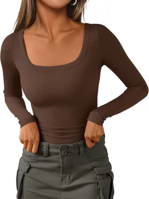 AUTOMET Womens Long Sleeve Shirts Square Neck Tops Ribbed Knit Fitted Casual Basic Tees Slim Fit Fall Outfits Fashion Clothes