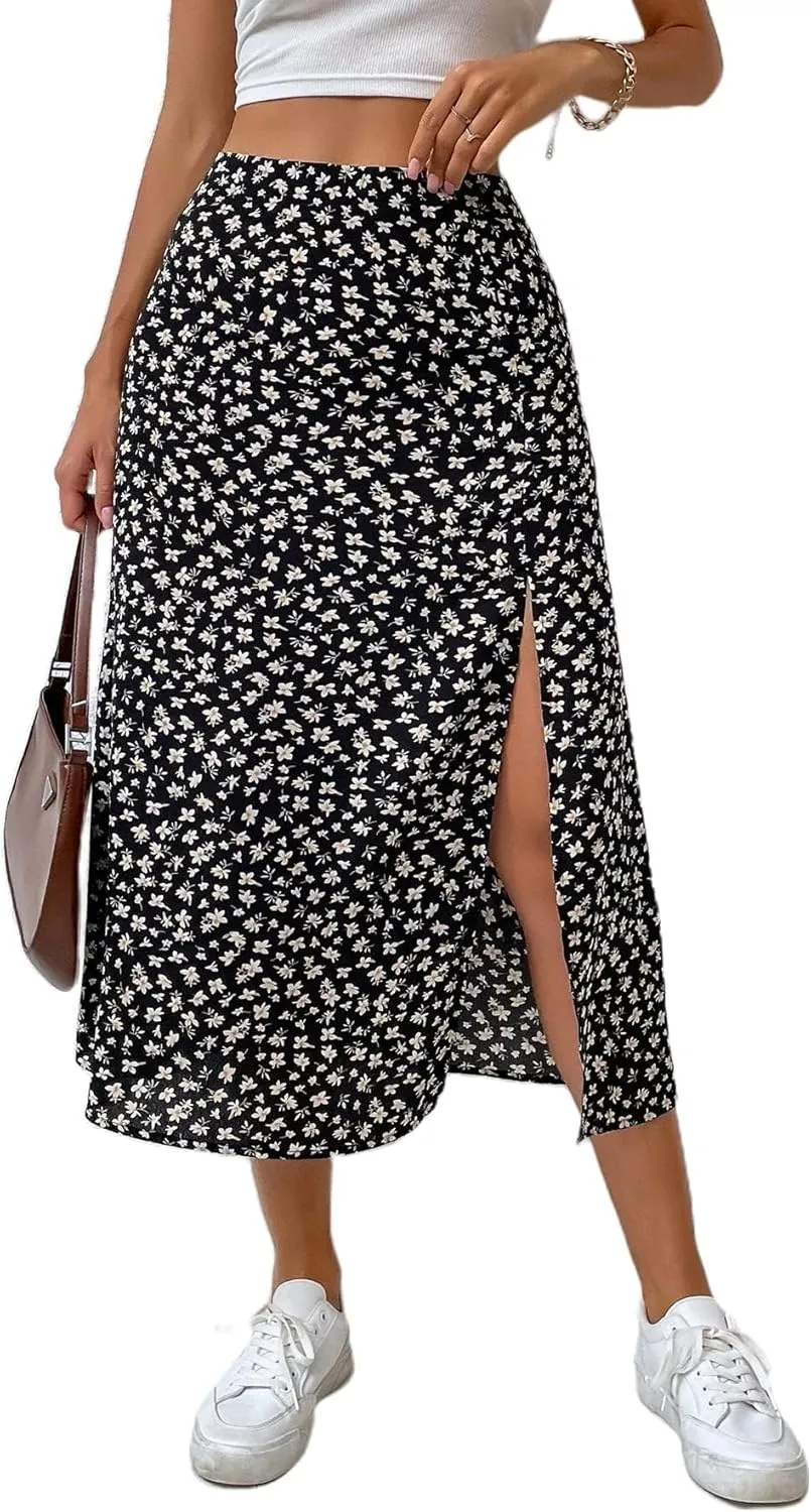 Avanova Women's Boho Leopard Print Thigh High Waist A Line Split Midi Skirt