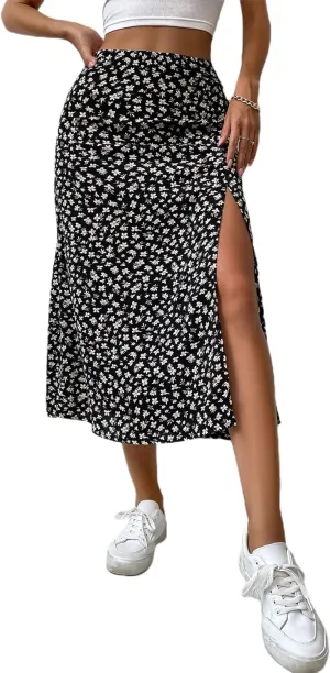 Avanova Women's Boho Leopard Print Thigh High Waist A Line Split Midi Skirt