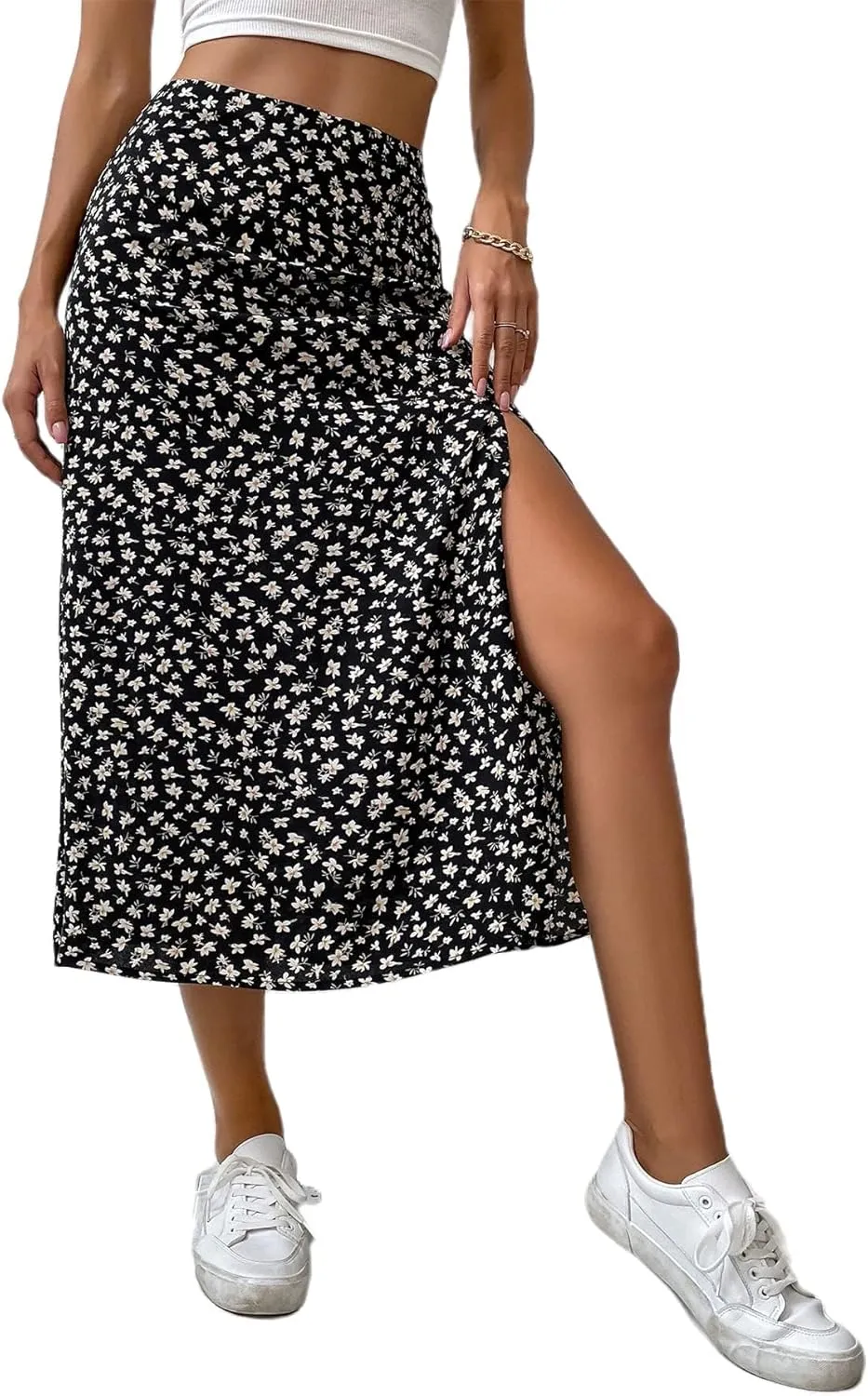 Avanova Women's Boho Leopard Print Thigh High Waist A Line Split Midi Skirt