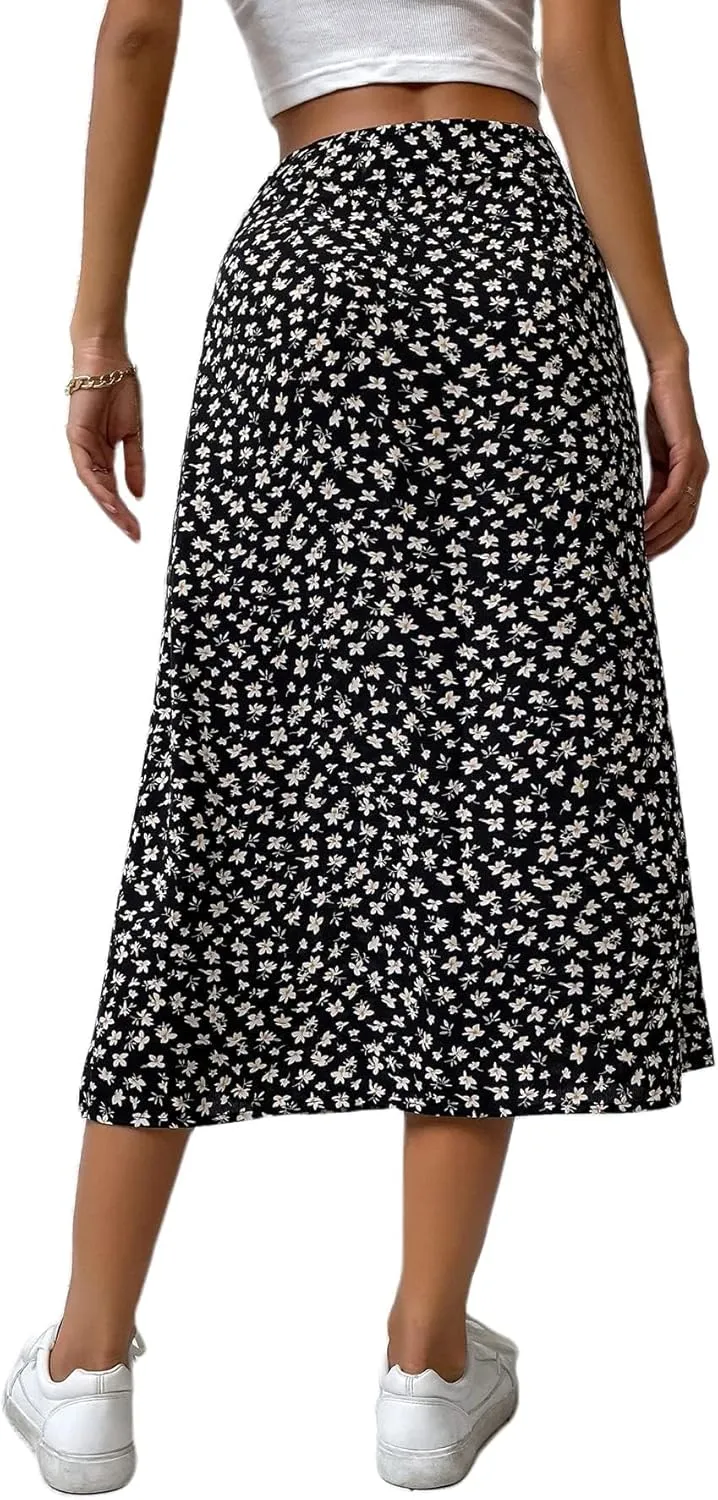 Avanova Women's Boho Leopard Print Thigh High Waist A Line Split Midi Skirt