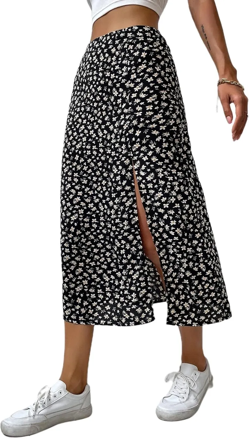 Avanova Women's Boho Leopard Print Thigh High Waist A Line Split Midi Skirt