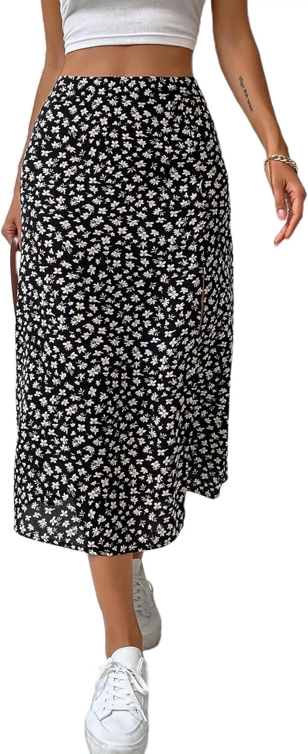 Avanova Women's Boho Leopard Print Thigh High Waist A Line Split Midi Skirt