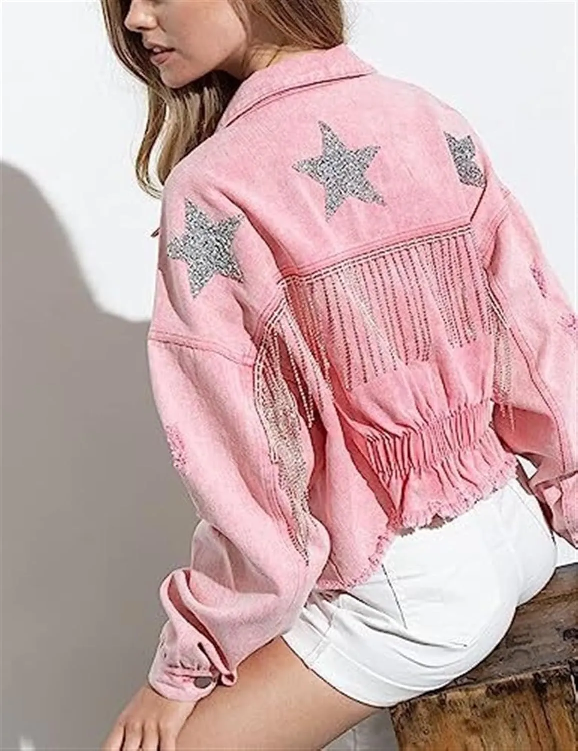 AYGJKIE Womens Cropped Rhinestone Fringe Denim Jacket Distressed Star Print Jean Jacket with Tassel Hem