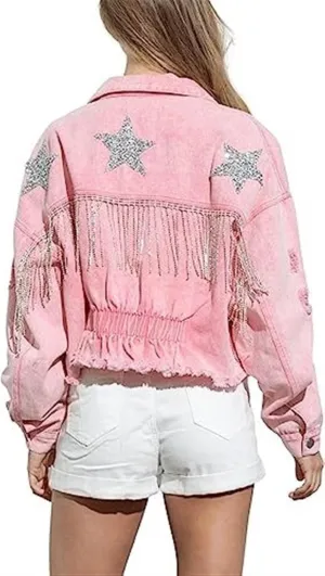 AYGJKIE Womens Cropped Rhinestone Fringe Denim Jacket Distressed Star Print Jean Jacket with Tassel Hem