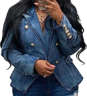 AYGJKIE Women's Slim-Fit Denim Tailored Blazer Double Breasted Flap Pockets Jeans Jacket